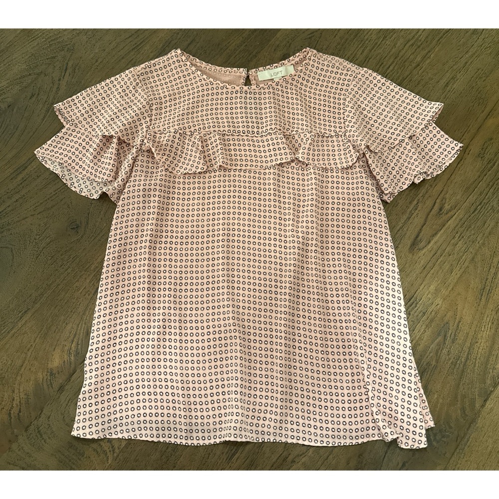 LOFT Pink Patterned Ruffle front Flutter Sleeve Blouse Size M